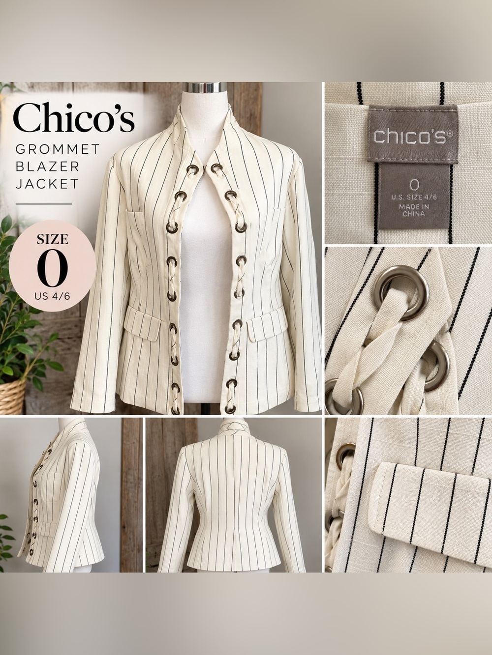 Chico’s Pinstripe Grommet Lace-Up Blazer Jacket Cream Black Size 0 US 4/6